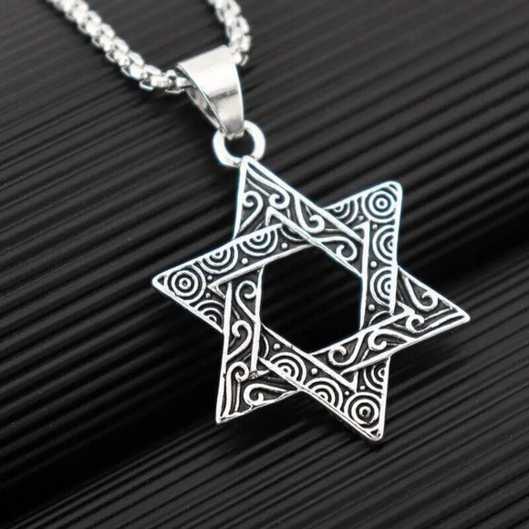 Vintage style Engraved Six Point Star of David Hexagon Pendant Necklace Charm - Picture 2 of 5